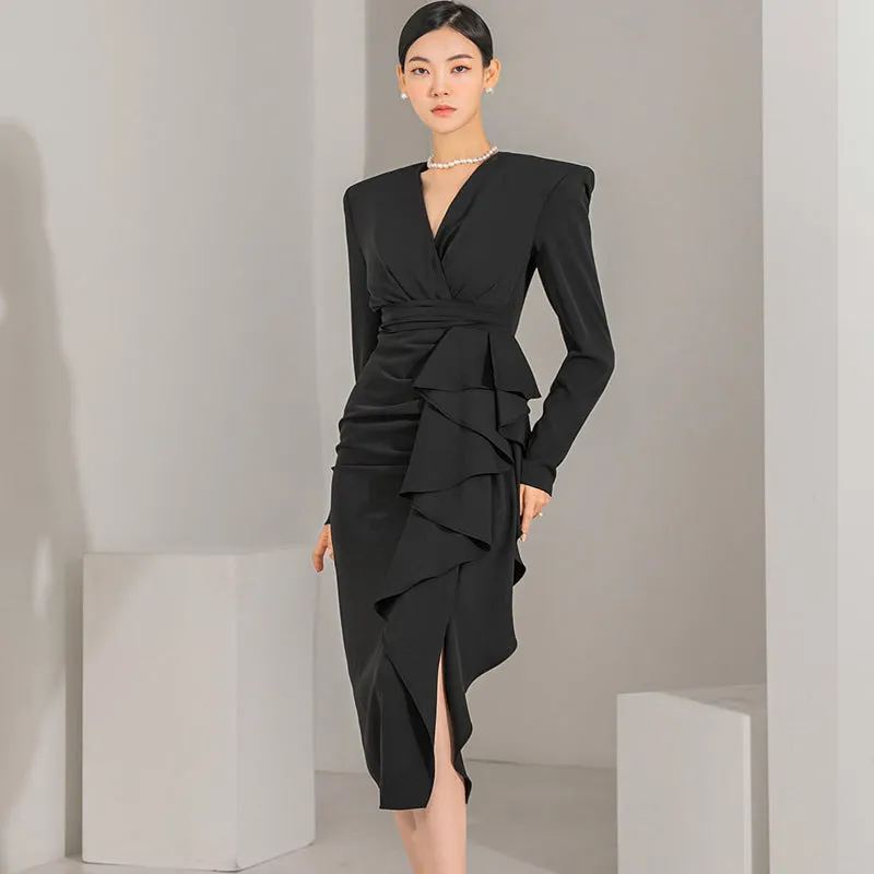 CM-DY082835 Women Elegant Seoul Style V-Neck Long Sleeve Midi Dress - Black