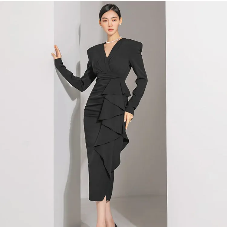 CM-DY082835 Women Elegant Seoul Style V-Neck Long Sleeve Midi Dress - Black