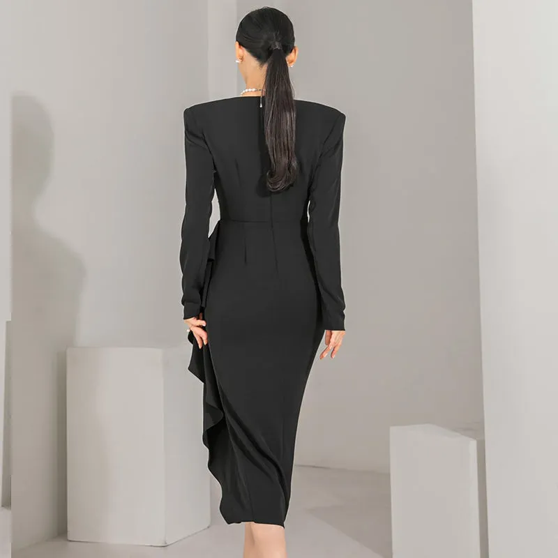CM-DY082835 Women Elegant Seoul Style V-Neck Long Sleeve Midi Dress - Black
