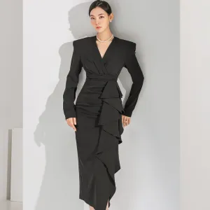 CM-DY082835 Women Elegant Seoul Style V-Neck Long Sleeve Midi Dress - Black