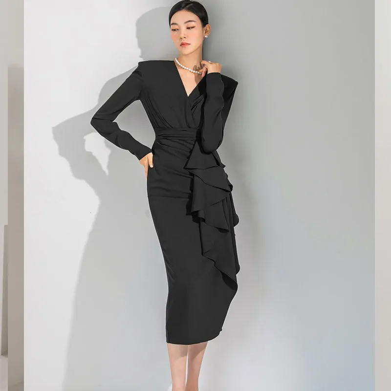 CM-DY082835 Women Elegant Seoul Style V-Neck Long Sleeve Midi Dress - Black