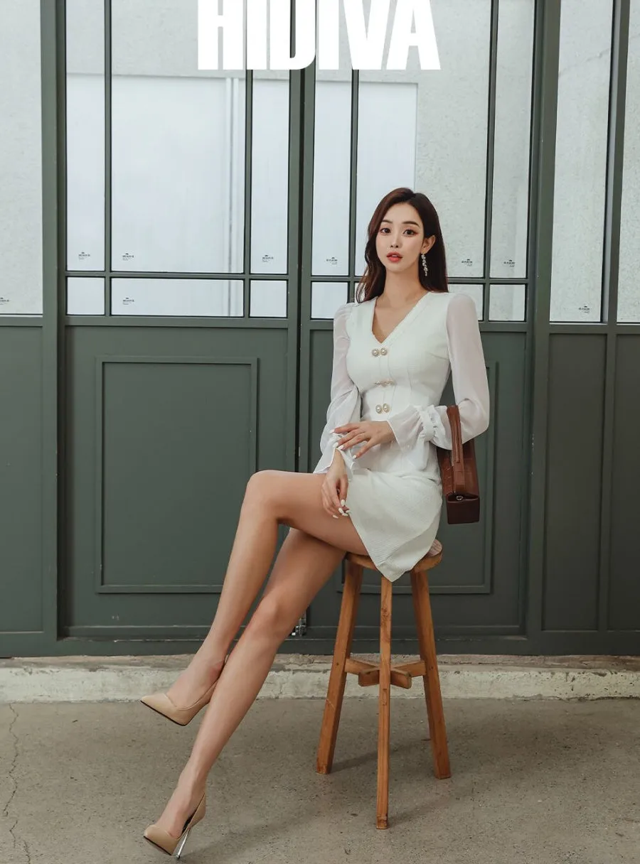 CM-DY084792 Women Elegant Seoul Style V-Neck Long Sleeve A-Line Mini Dress - White