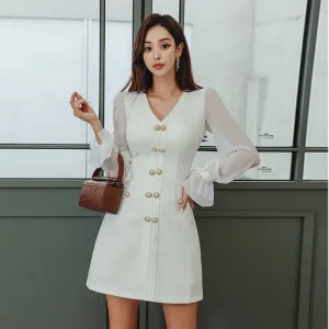 CM-DY084792 Women Elegant Seoul Style V-Neck Long Sleeve A-Line Mini Dress - White