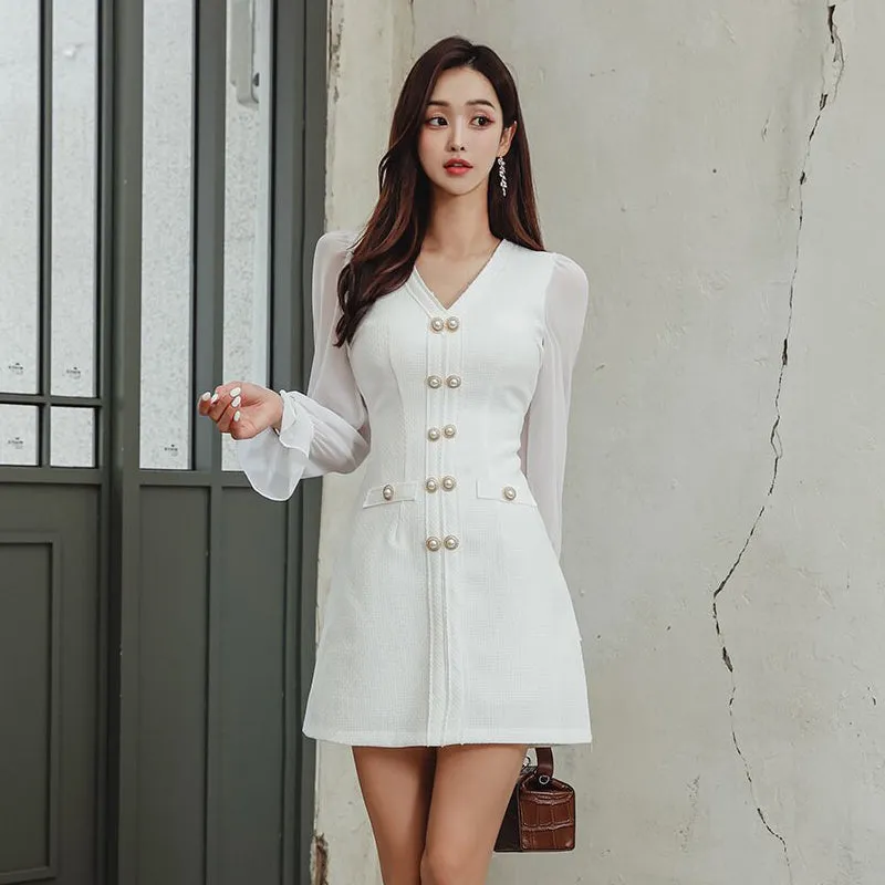 CM-DY084792 Women Elegant Seoul Style V-Neck Long Sleeve A-Line Mini Dress - White