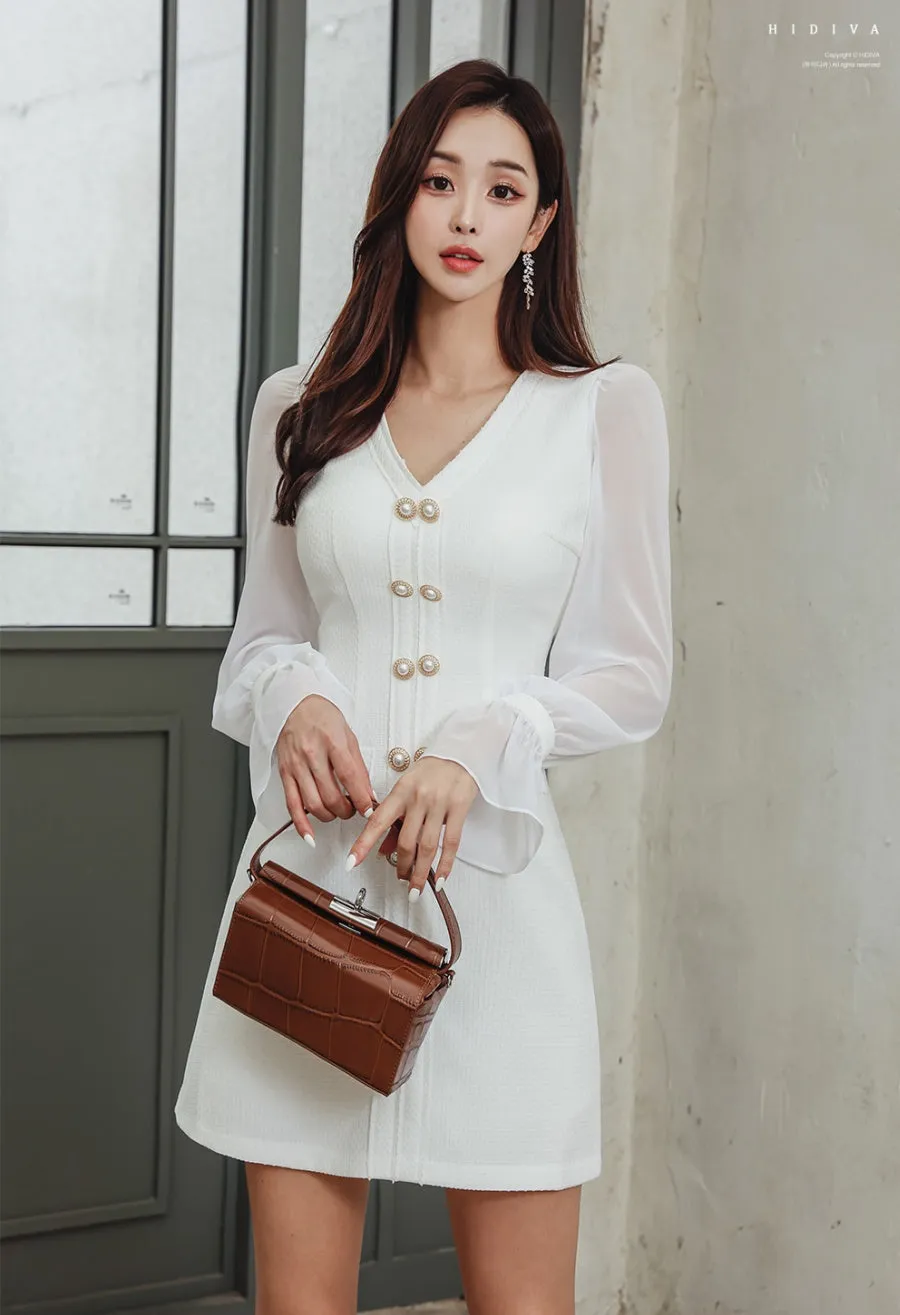 CM-DY084792 Women Elegant Seoul Style V-Neck Long Sleeve A-Line Mini Dress - White
