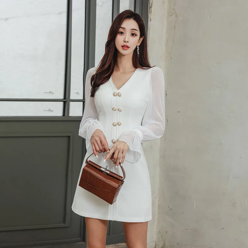 CM-DY084792 Women Elegant Seoul Style V-Neck Long Sleeve A-Line Mini Dress - White