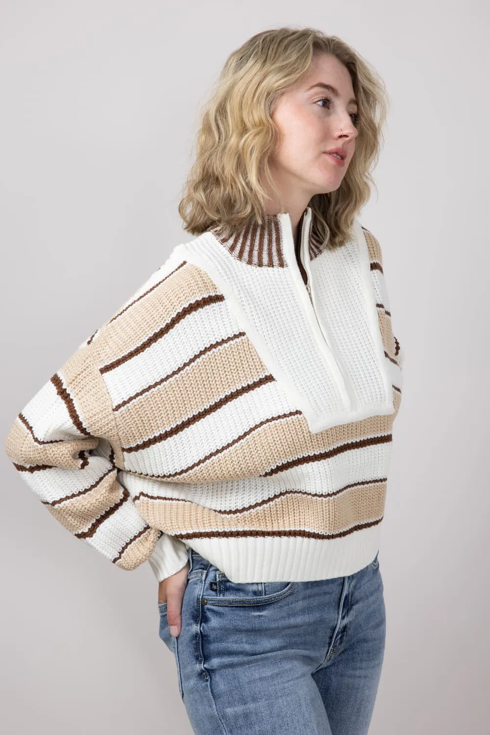 Colorblock Half Zip Striped Sweater for Women in Ecru | KSW1890-ECRU