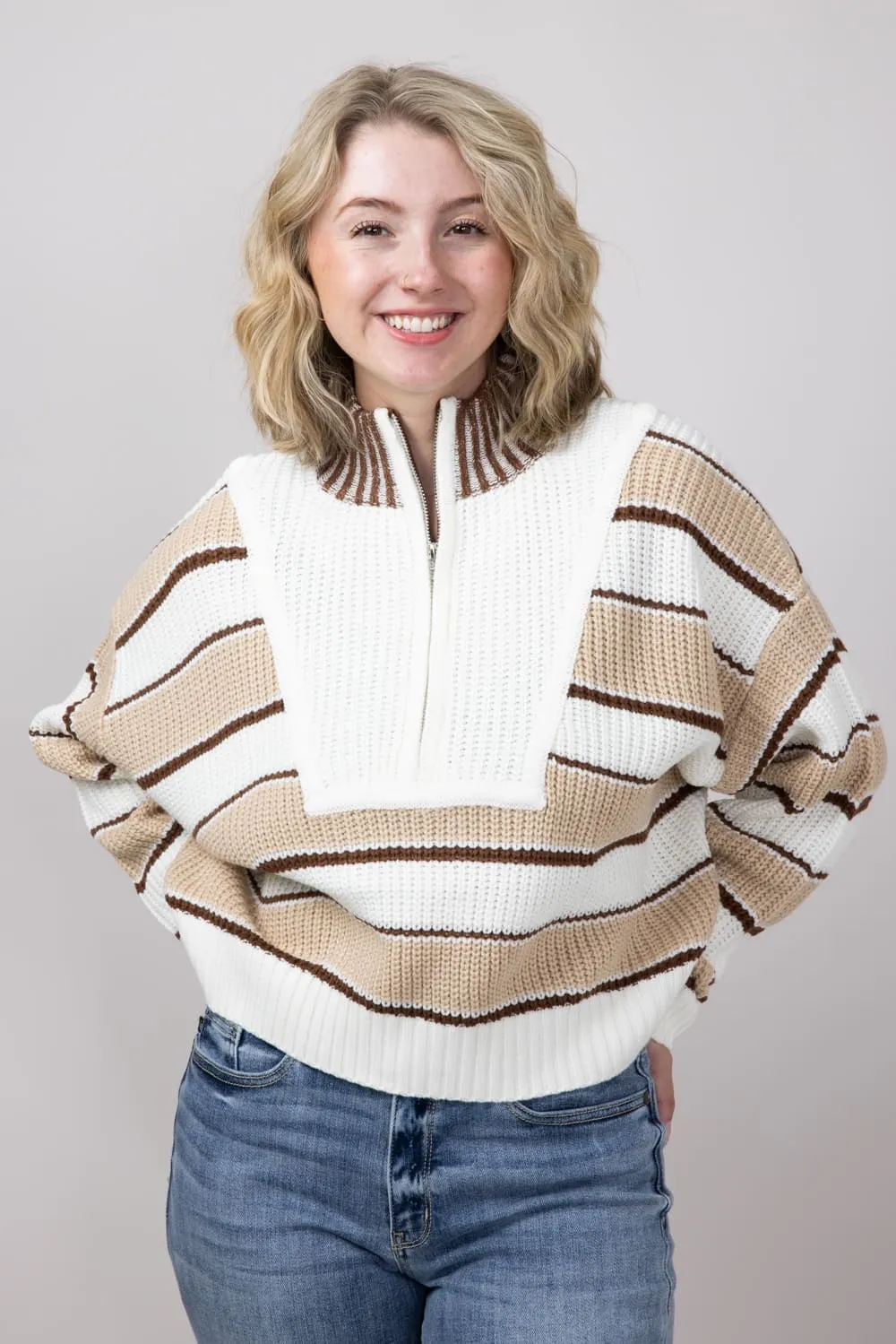 Colorblock Half Zip Striped Sweater for Women in Ecru | KSW1890-ECRU