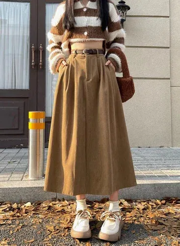 Corduroy Solid Skirts Preppy Style Autumn Winter New Fashion A-Line Retro Long Skirt