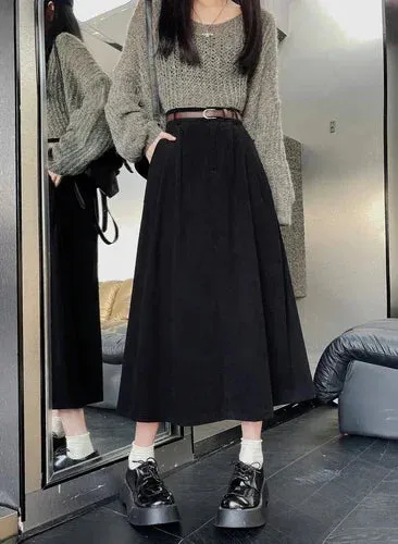 Corduroy Solid Skirts Preppy Style Autumn Winter New Fashion A-Line Retro Long Skirt