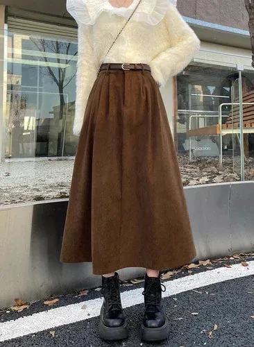 Corduroy Solid Skirts Preppy Style Autumn Winter New Fashion A-Line Retro Long Skirt