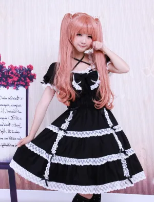 Cotton Black Lace Bow Short Sleeves Gothic Lolita Dress