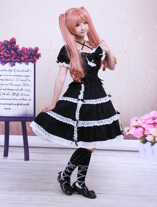 Cotton Black Lace Bow Short Sleeves Gothic Lolita Dress