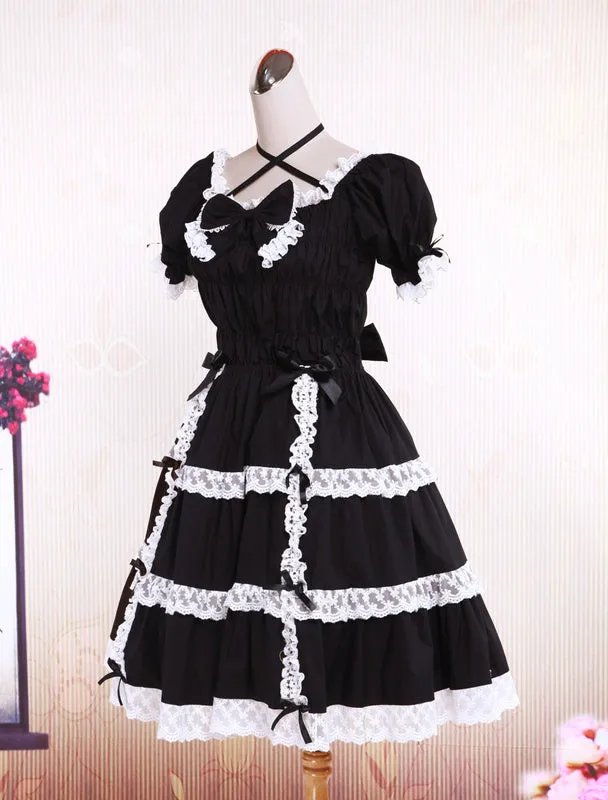 Cotton Black Lace Bow Short Sleeves Gothic Lolita Dress