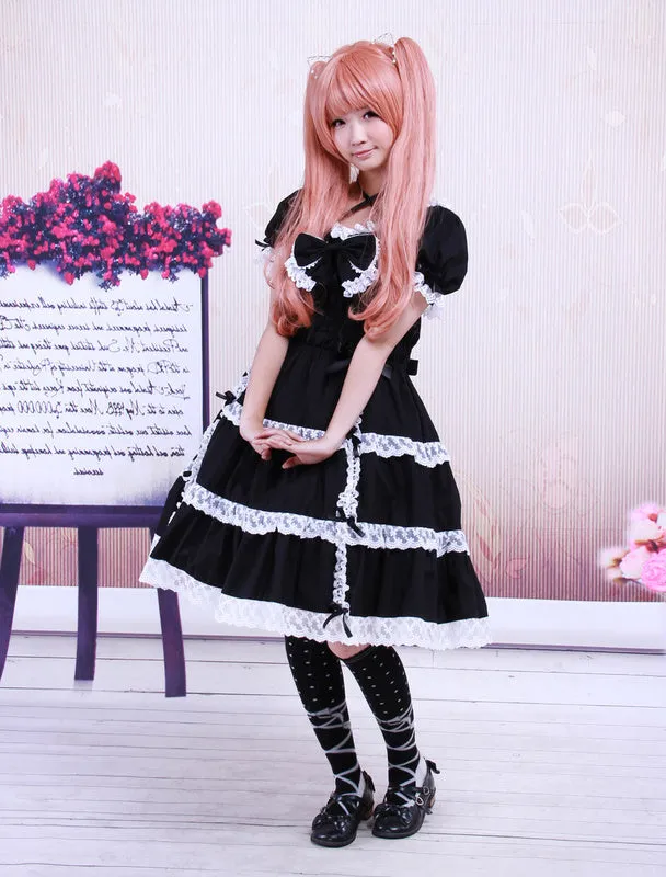Cotton Black Lace Bow Short Sleeves Gothic Lolita Dress