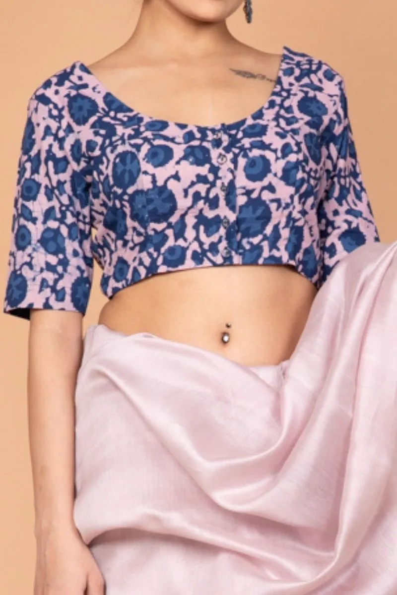 Cotton Hand Block Printed Blouse in Blush Pink & Indigo
