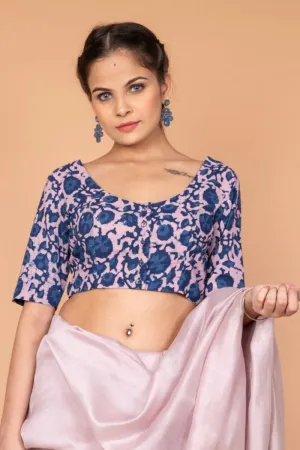Cotton Hand Block Printed Blouse in Blush Pink & Indigo