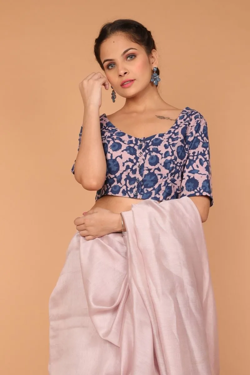 Cotton Hand Block Printed Blouse in Blush Pink & Indigo