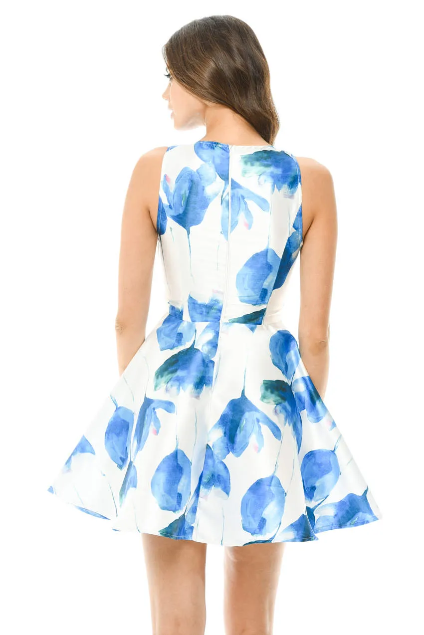 Cream Mini Skater Dress with Blue Floral Print