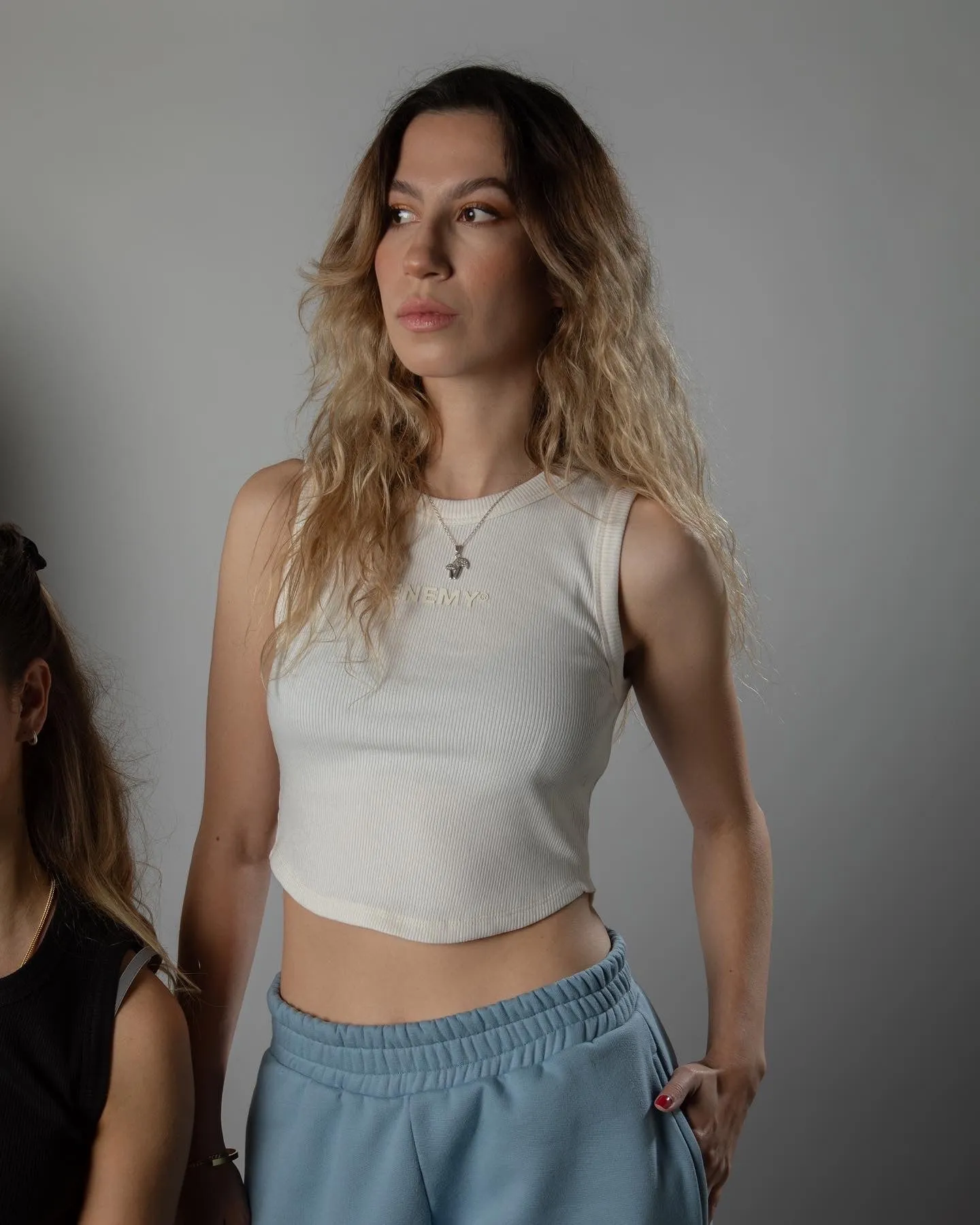Cropped Rib-Knit Bone Tank Top