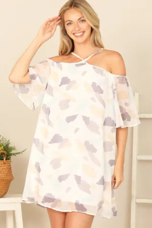 CROSS NECK OFF SHOULDER PRINTED MINI DRESS