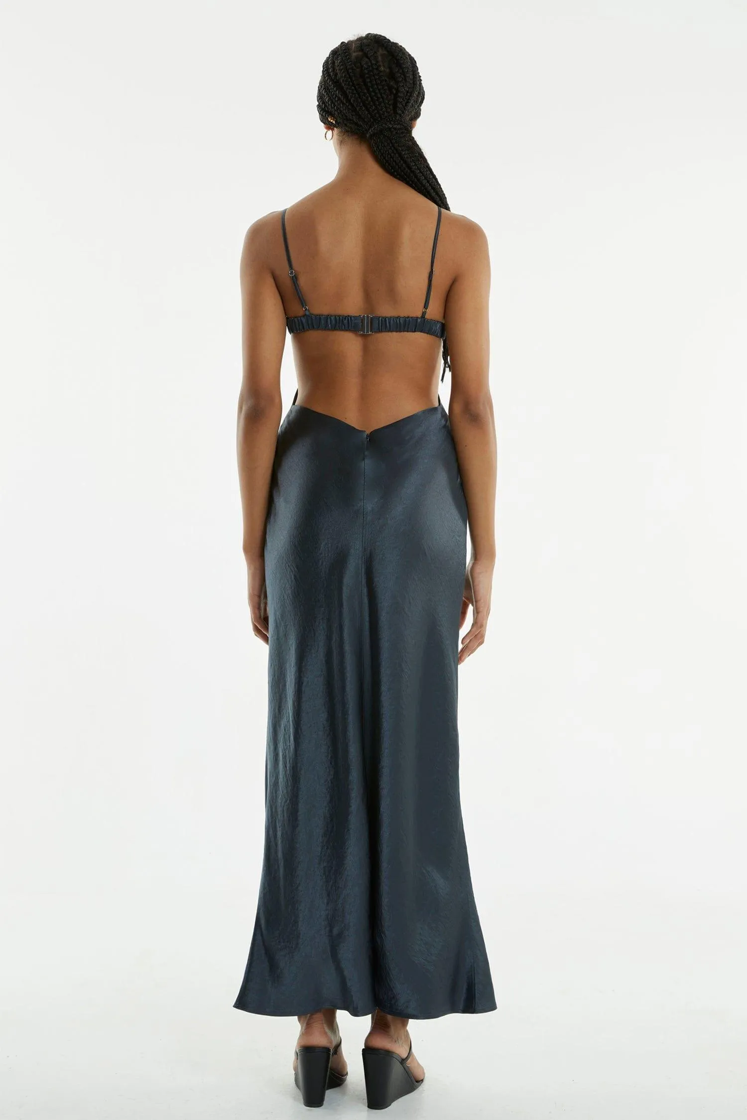 CRUSH BIAS TRI MIDI DRESS | GUN METAL