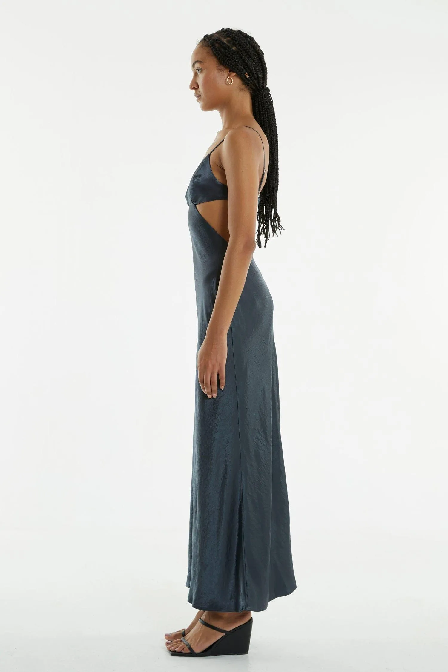 CRUSH BIAS TRI MIDI DRESS | GUN METAL