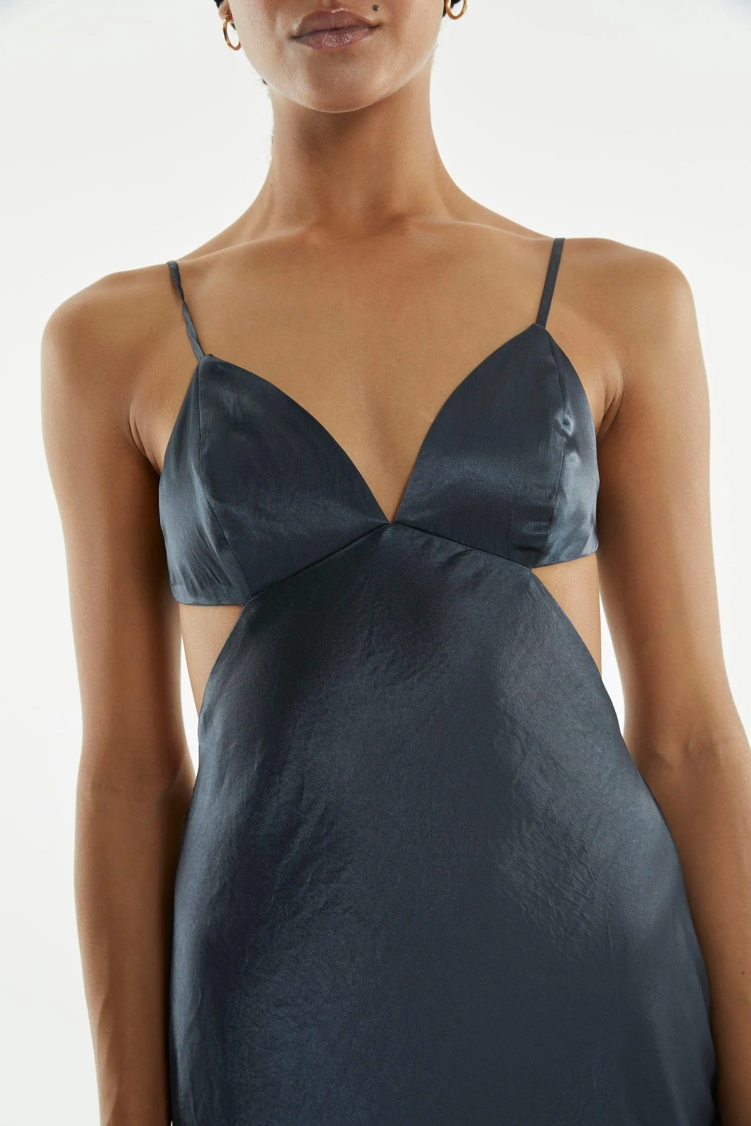 CRUSH BIAS TRI MIDI DRESS | GUN METAL