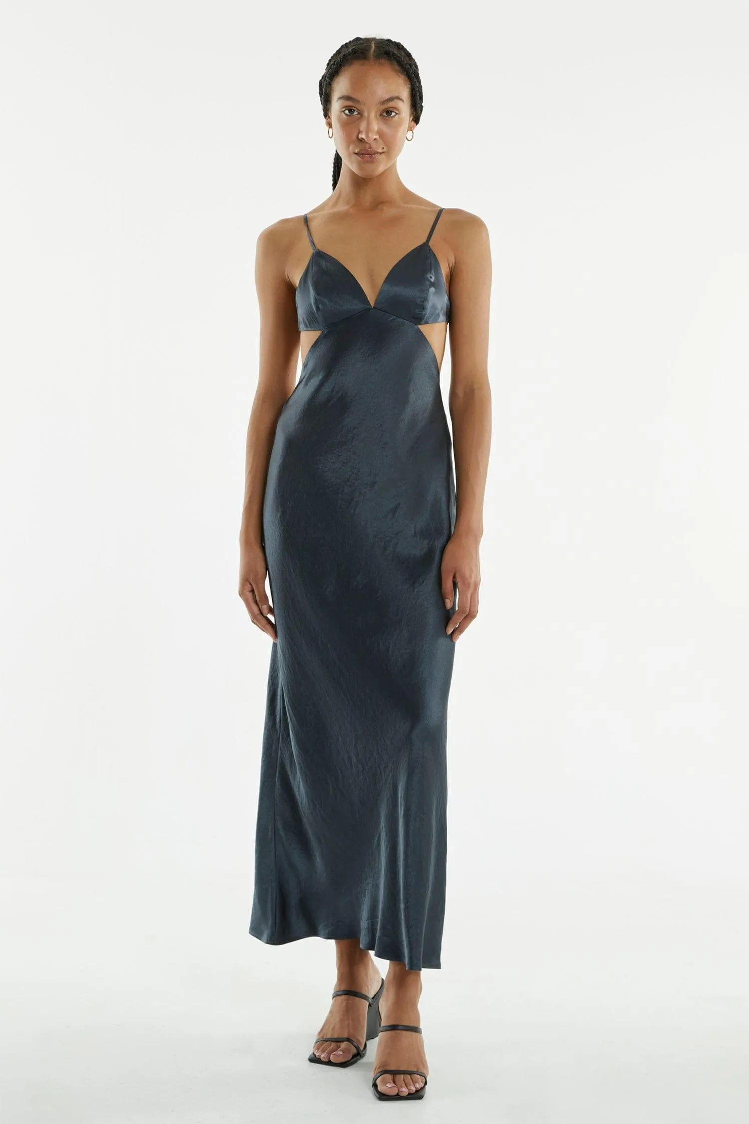 CRUSH BIAS TRI MIDI DRESS | GUN METAL