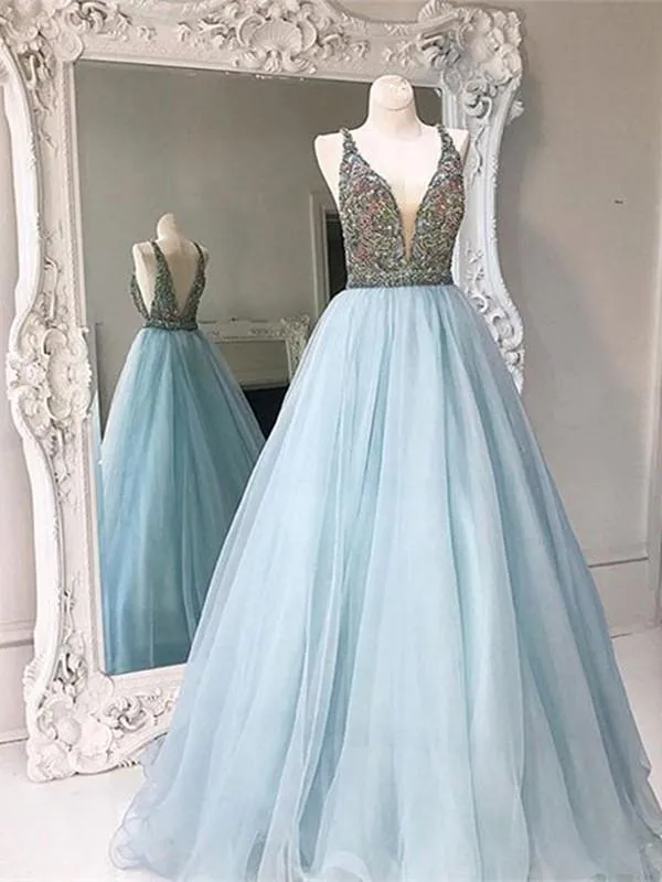 Custom Made Light Blue V Neck Open Back Prom Dresses, V Neck Backless Formal Dresses