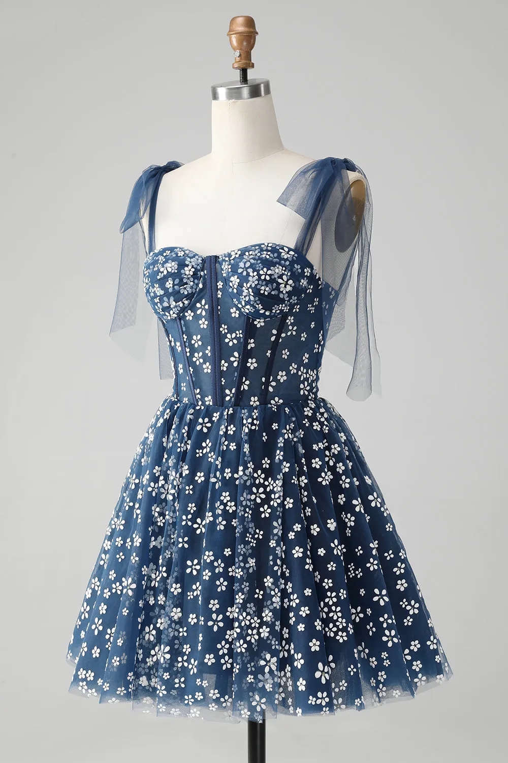 Cute A Line Spaghetti Straps Print Corset Navy Short Homecoming Dress