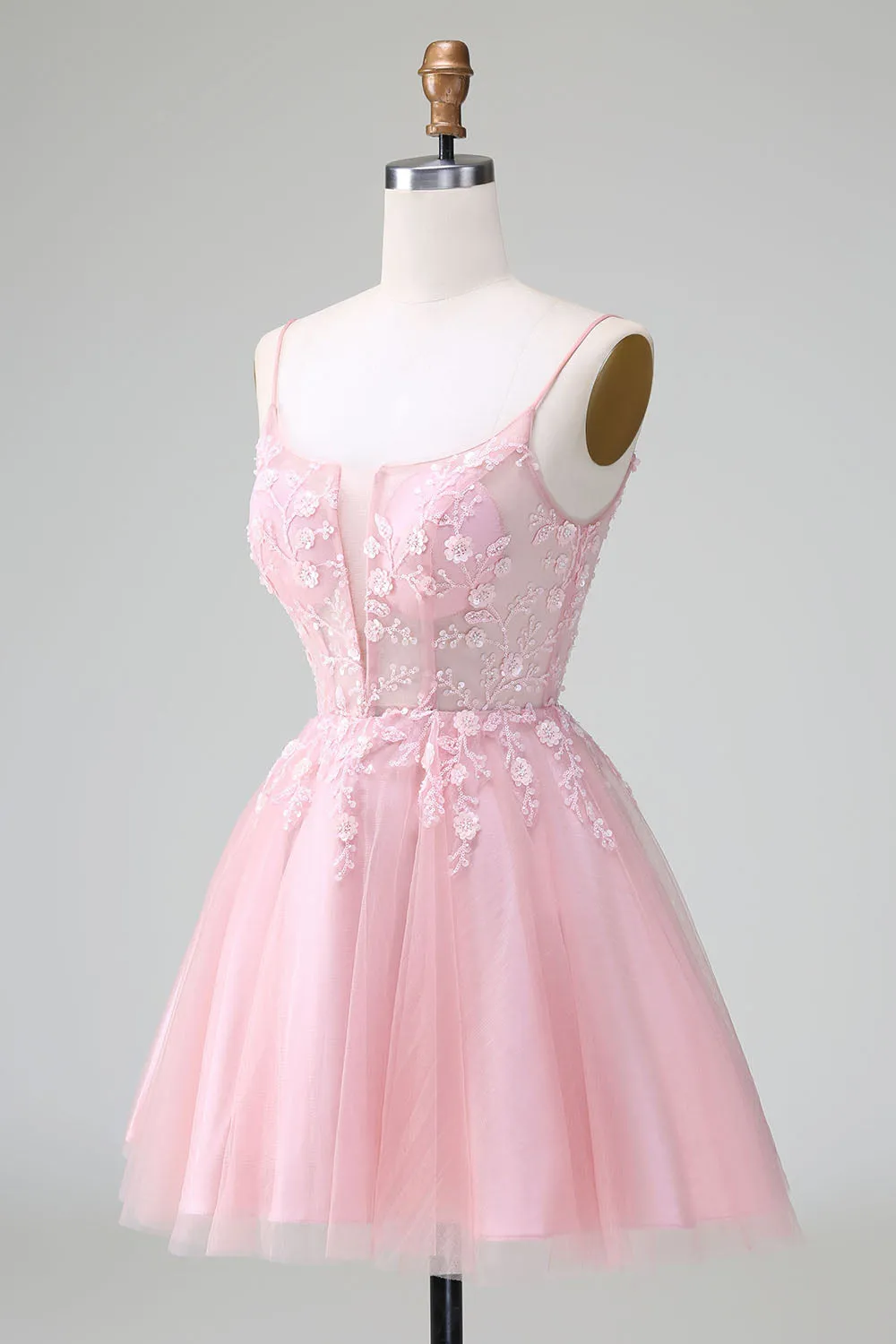 Cute Blush A Line Spaghetti Straps Corset Short Homecoming Dress with Appliques