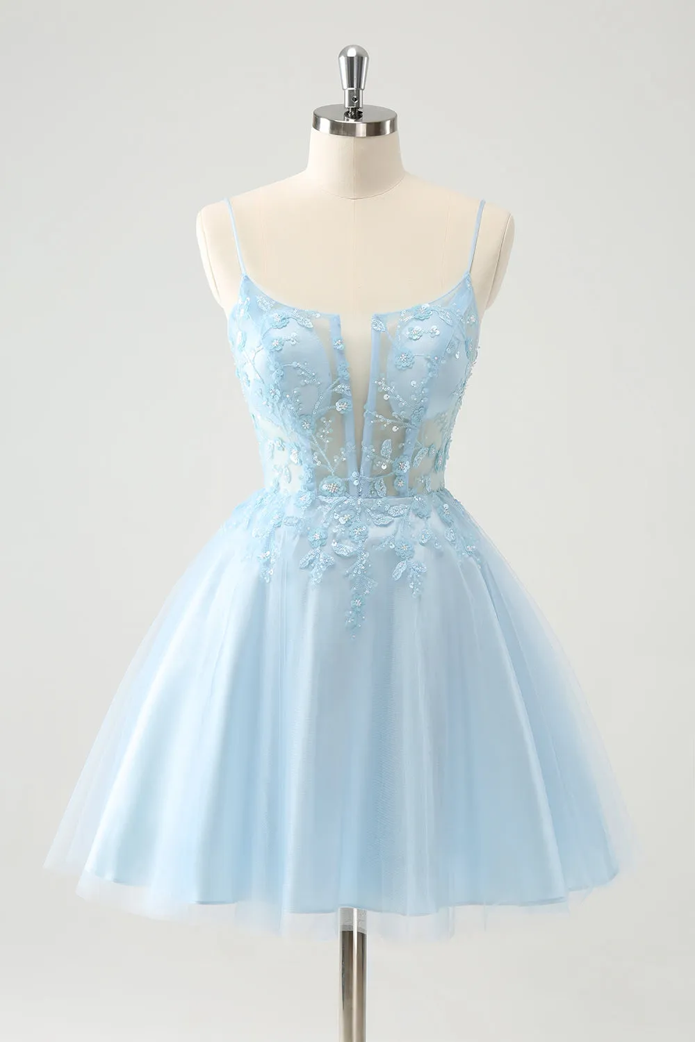 Cute Blush A Line Spaghetti Straps Corset Short Homecoming Dress with Appliques