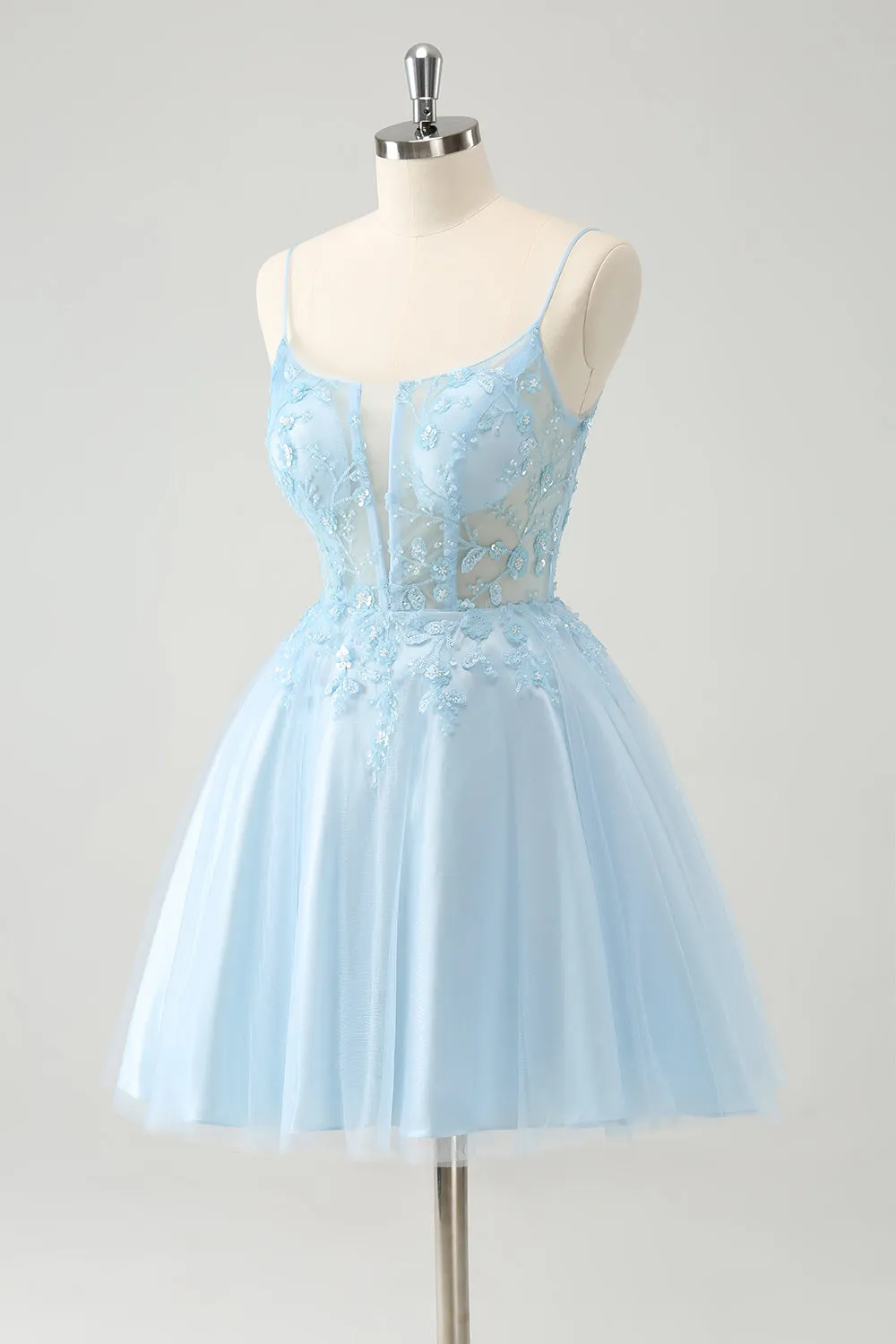 Cute Blush A Line Spaghetti Straps Corset Short Homecoming Dress with Appliques