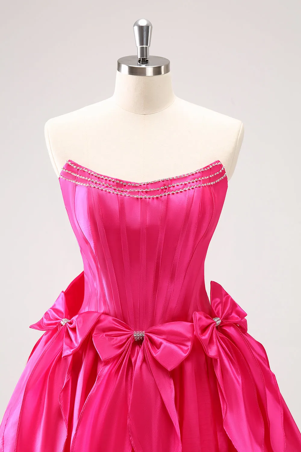 Cute Fuchsia A Line Strapless Corset Ruffle Beaded Homecoming Dress with Bows