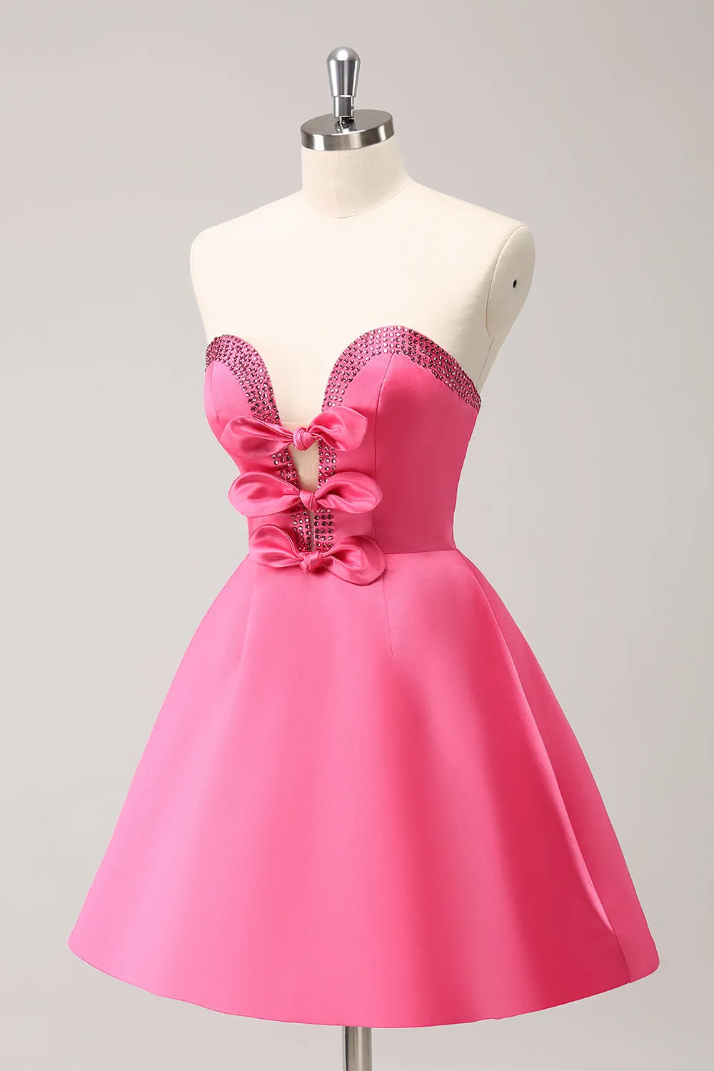 Cute Hot Pink A Line Strapless Cut Out Homecoming Dress with Beading