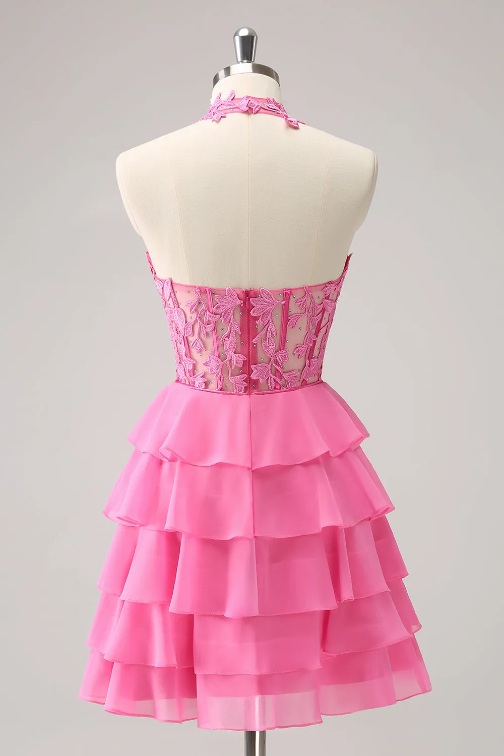 Cute Hot Pink A Line Strapless Tiered Corset Ruffle Homecoming Dress with Beading