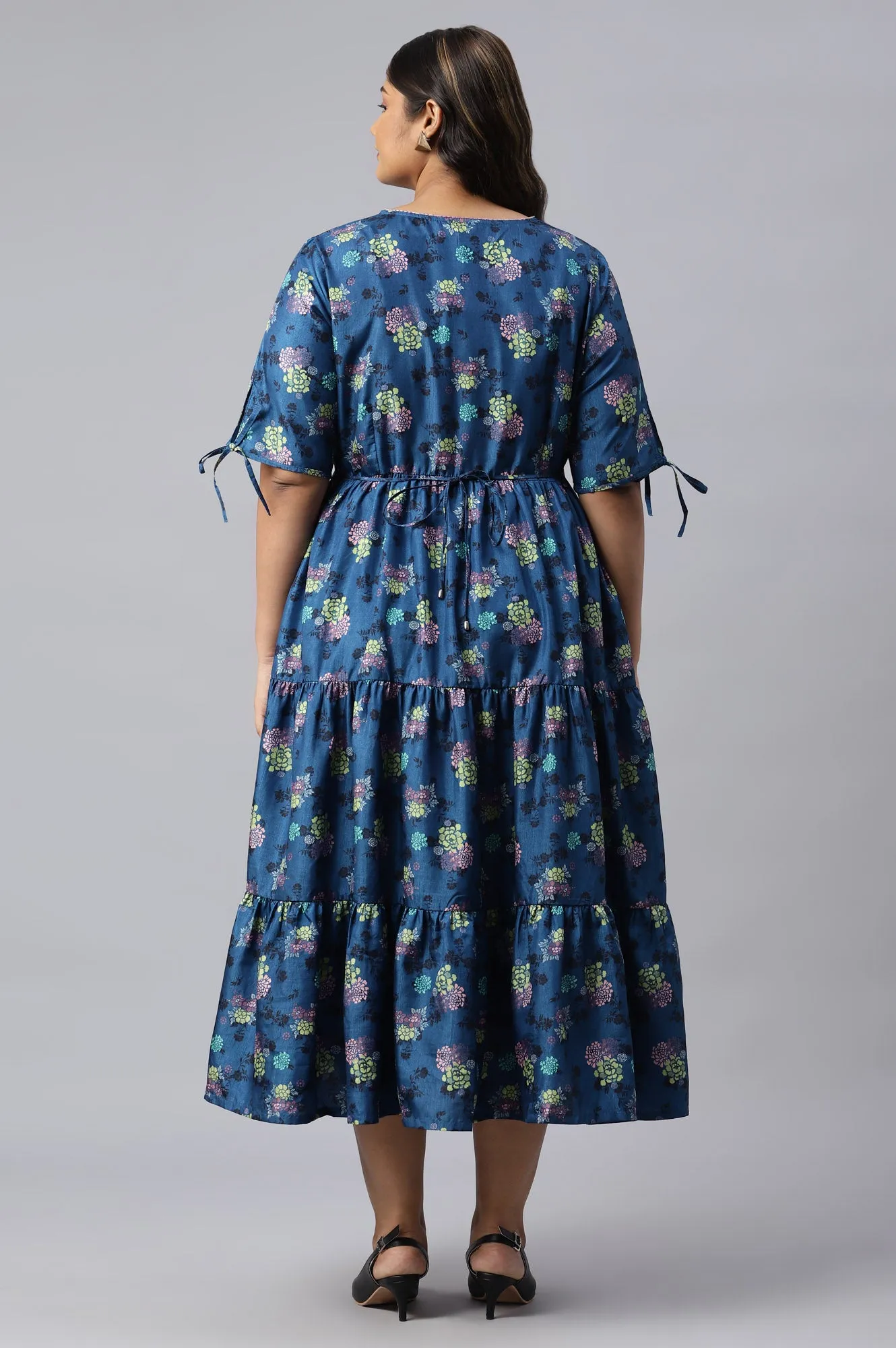 Dark Blue Floral Printed Plus Size Dress