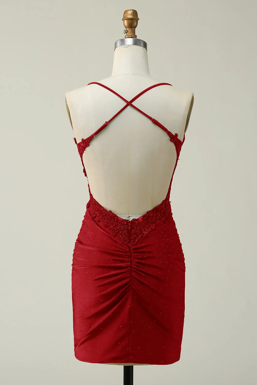 Dark Red Sheath Spaghetti Straps Short Homecoming Dress with Appliques