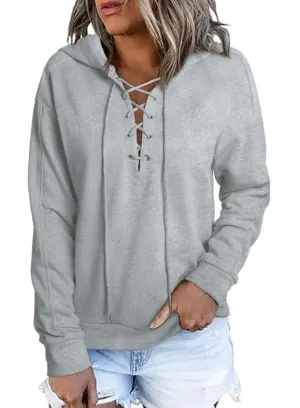 Dokotoo Womens Winter Autumn Fashion Cute Drawstring Hoodies Sweatshirt Long Sleeve Sexy Lace Up Criss Cross V Neck Sweatshirts Pullovers Shirts Plain Casual Hooded Fall Tops Grey L