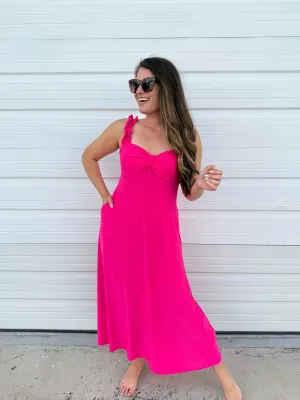 DOORBUSTER: Ruffle Strap Midi Dress - Neon Pink by Sew In Love (Ships in 2-3 Weeks)