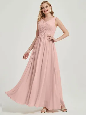 Dusty Pink Wide Straps Sleeveless V-Neck Pleated Bridesmaid Dress