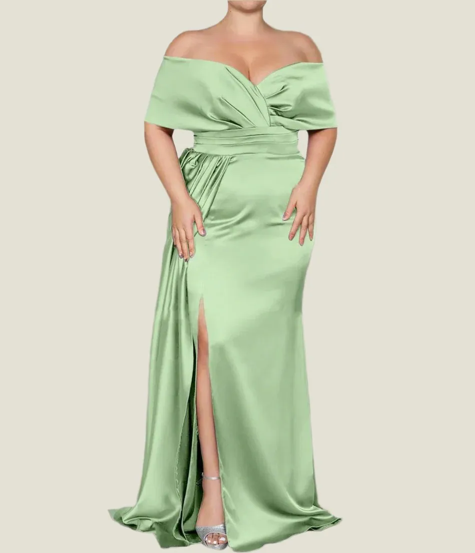 Elastic Satin Mermaid Off-The-Shoulder Mother of The Bride Dresses with Slit
