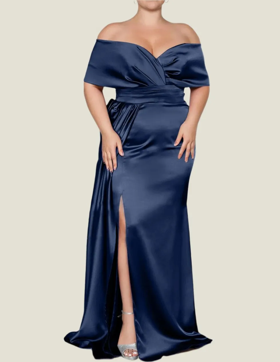 Elastic Satin Mermaid Off-The-Shoulder Mother of The Bride Dresses with Slit
