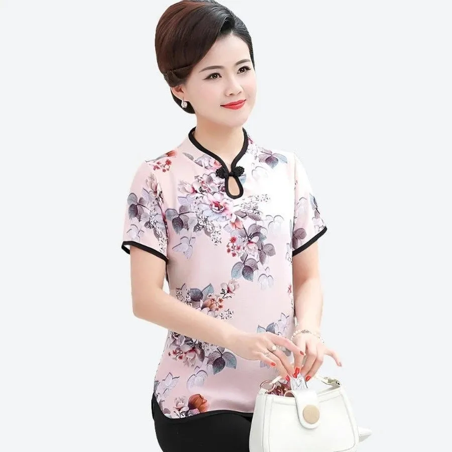 Elegant Floral Print Mandarin Blouses