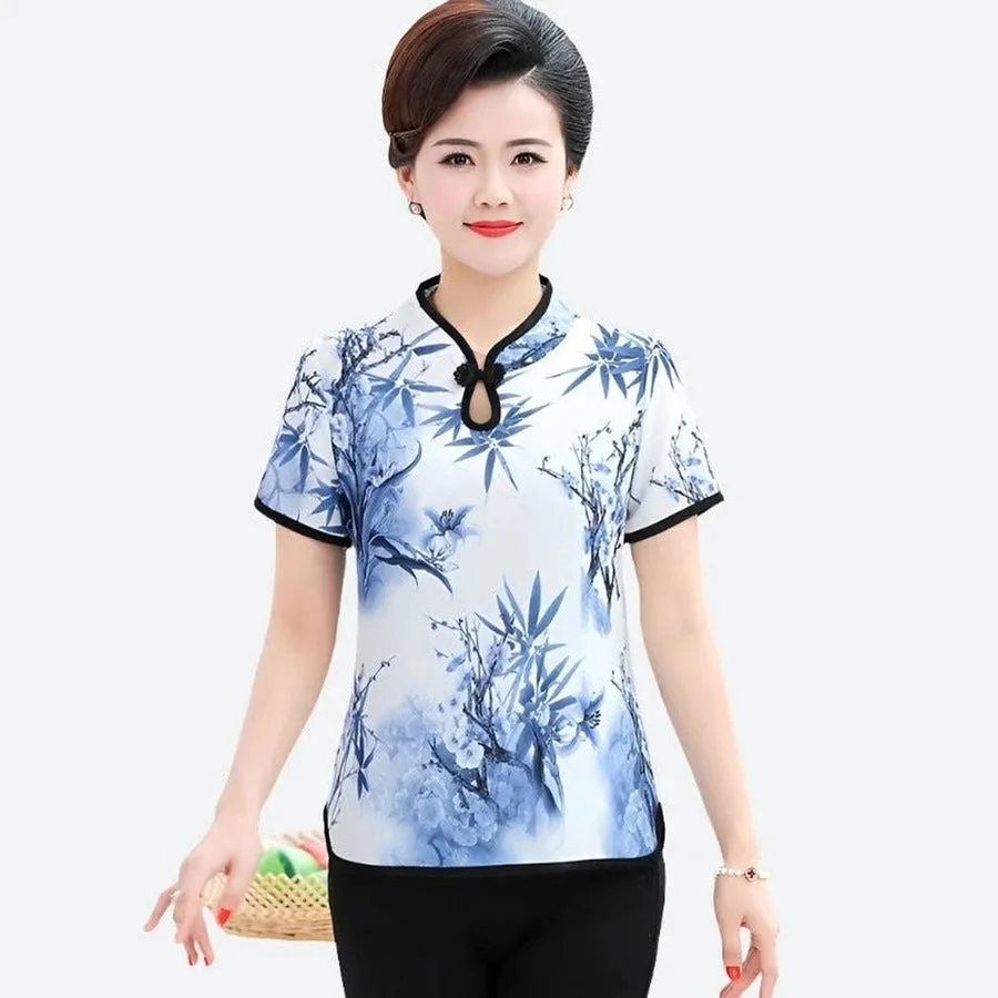 Elegant Floral Print Mandarin Blouses