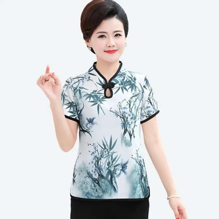 Elegant Floral Print Mandarin Blouses