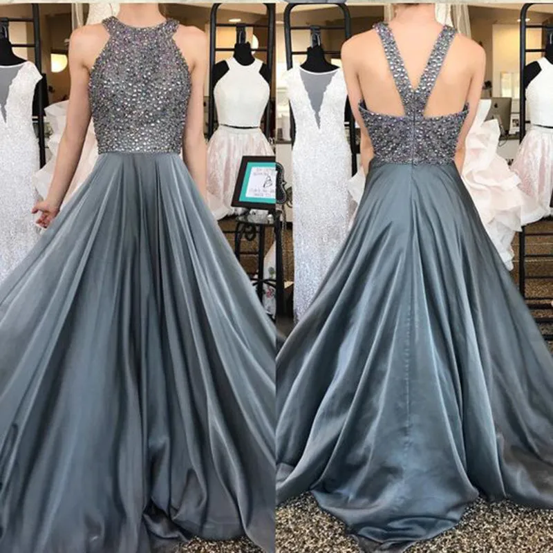 Elegant Gray Long Prom Dresses Halter Beadings Tulle Pageant Party Gowns New
