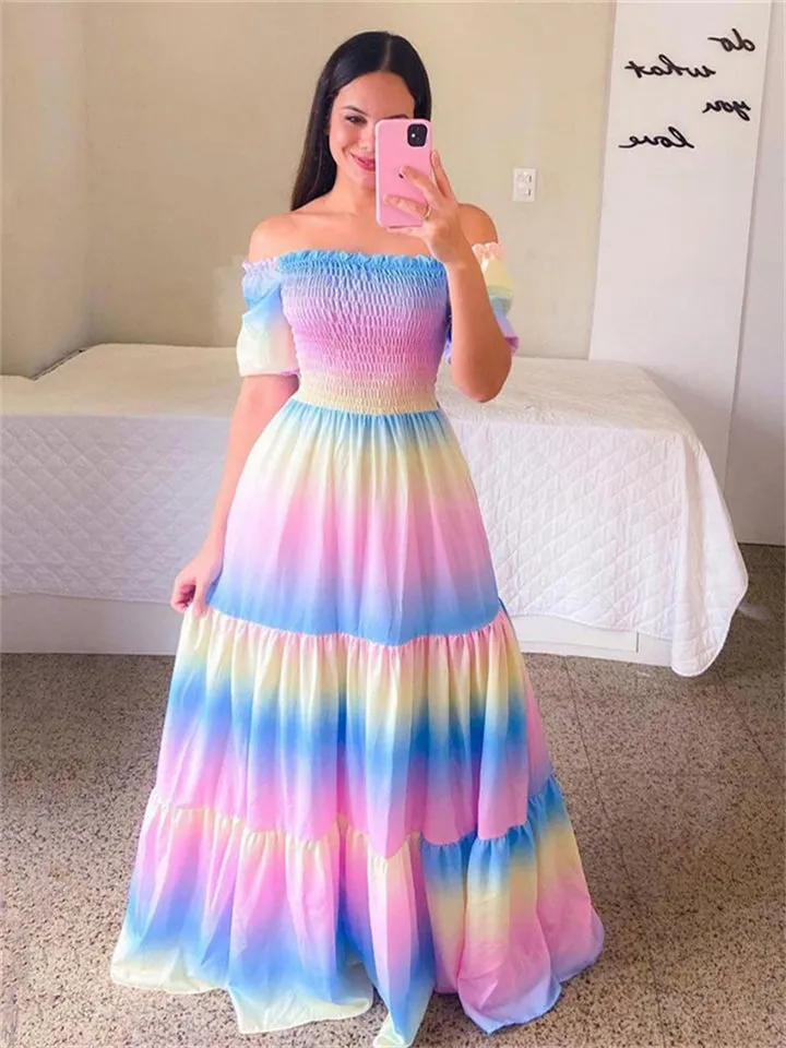 Elegant Lady Sweet Floral Print One Shoulder Long Dresses