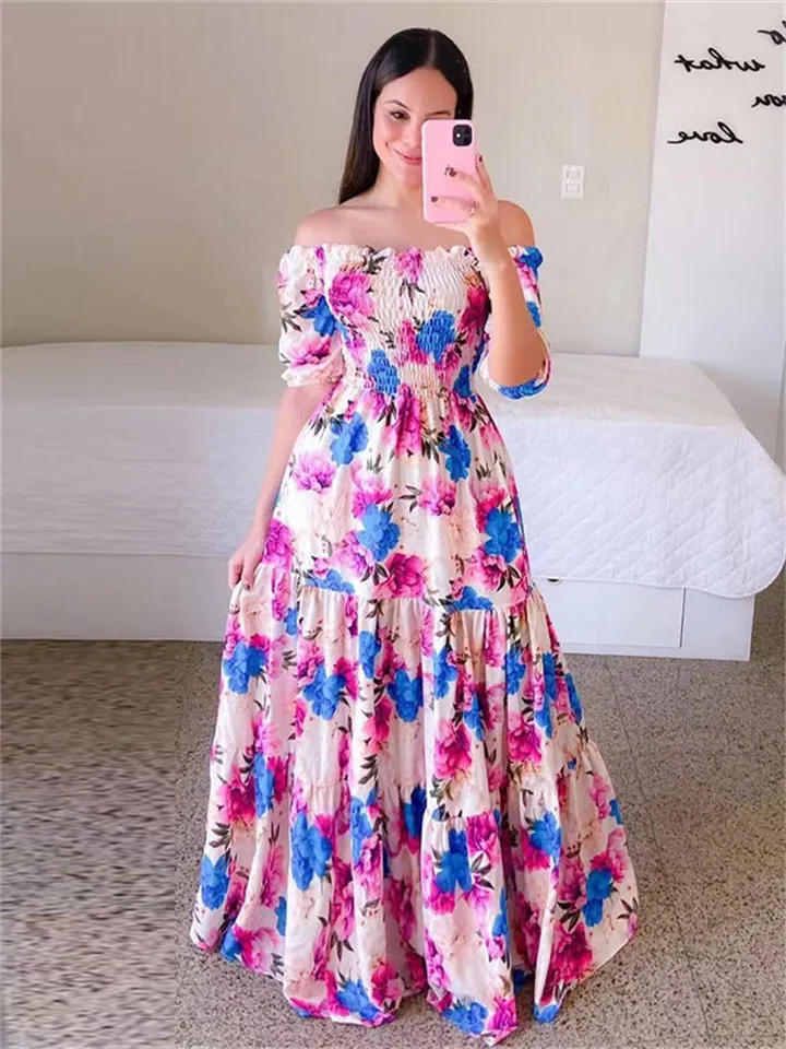 Elegant Lady Sweet Floral Print One Shoulder Long Dresses